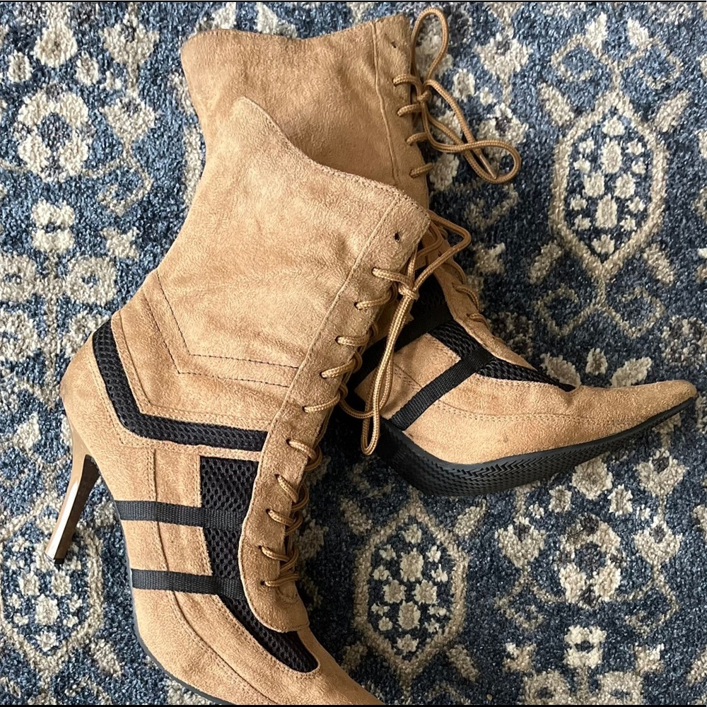 Tan and Black High Heel Lace-Up Boots